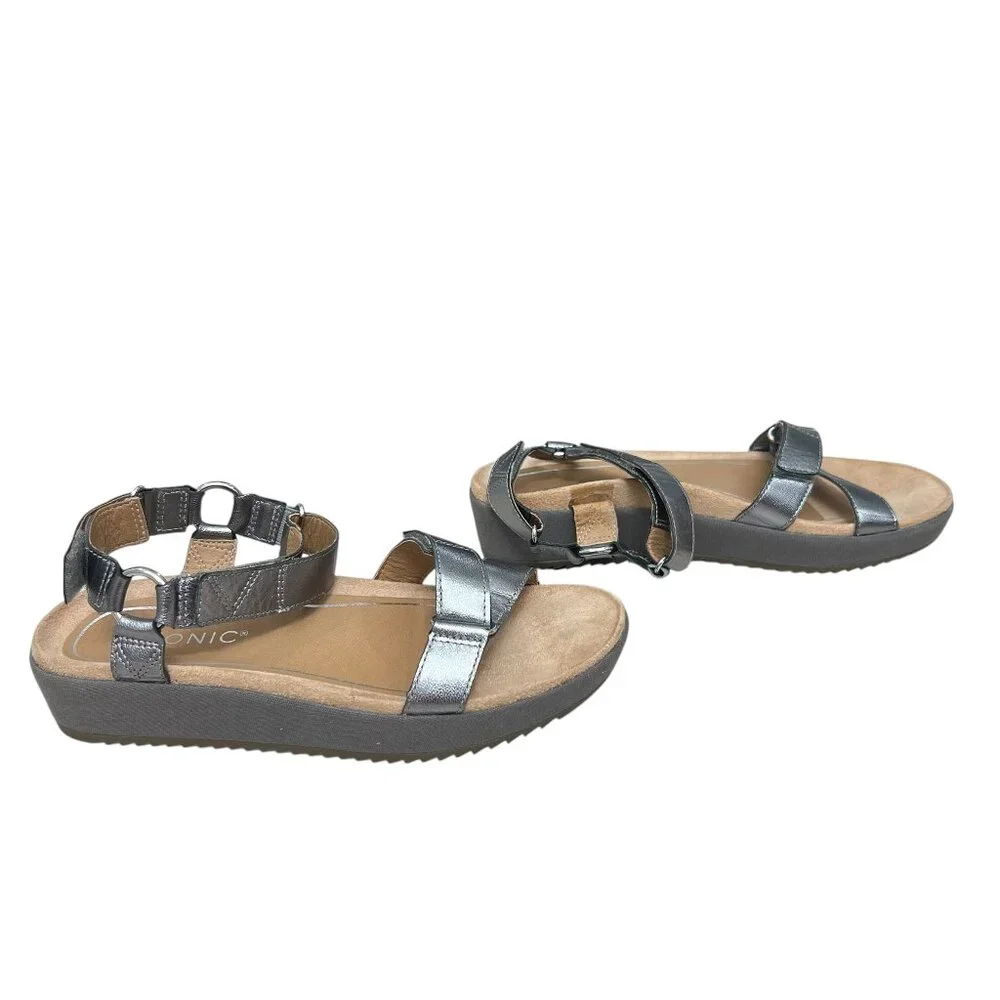 Vionic Kayan Leather Metallic Pewter Strappy Platform Sandal Women's size 8